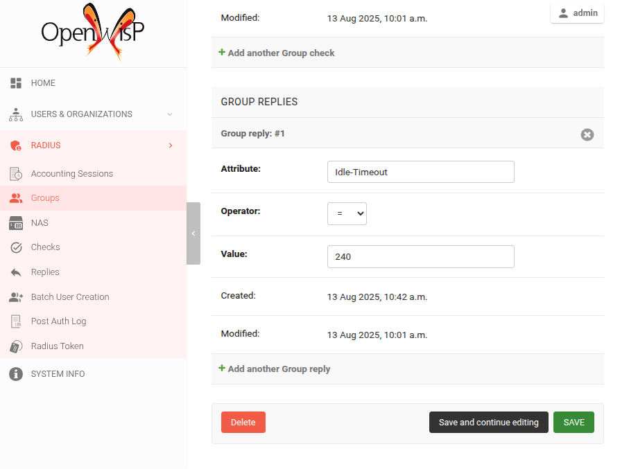 Example of setting Idle-Timeout to 240