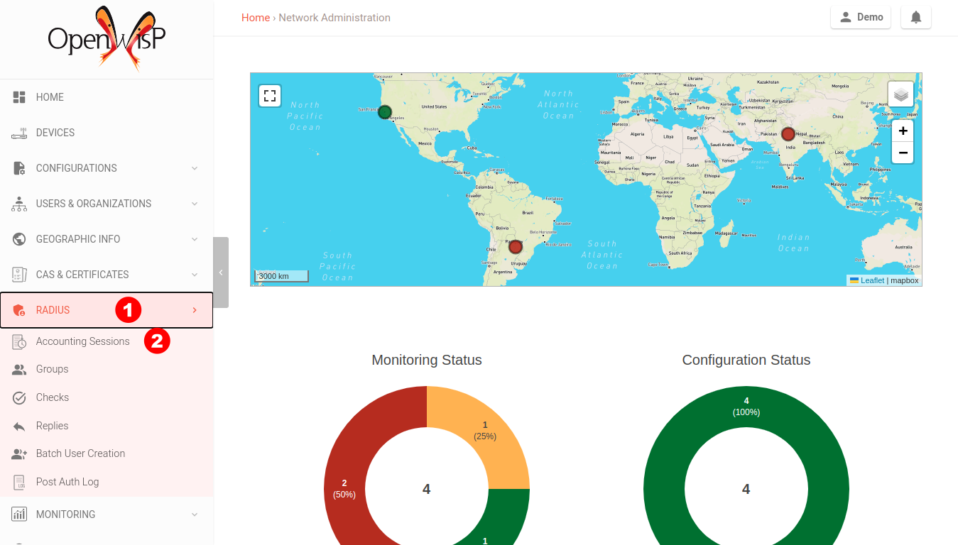 Navigating to RADIUS Accounting on OpenWISP