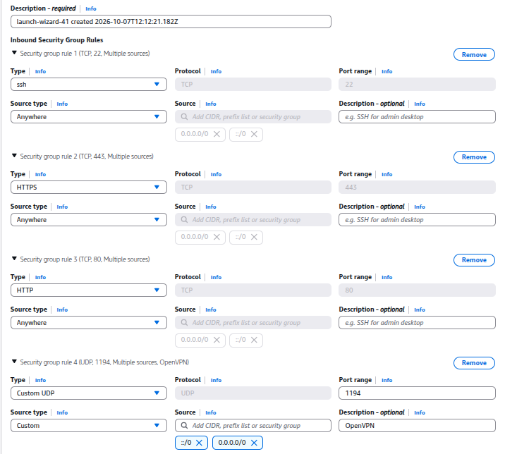 Configuring security group rules in the AWS launch form