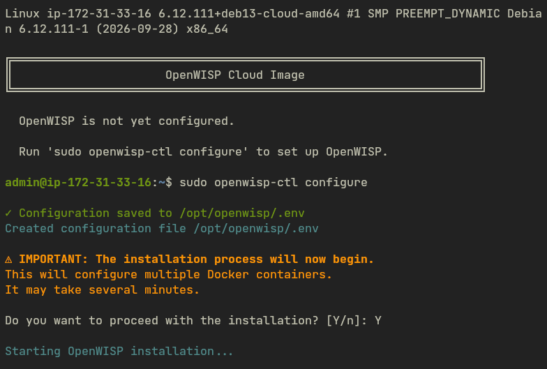 Starting the OpenWISP Pro installation after the configuration wizard