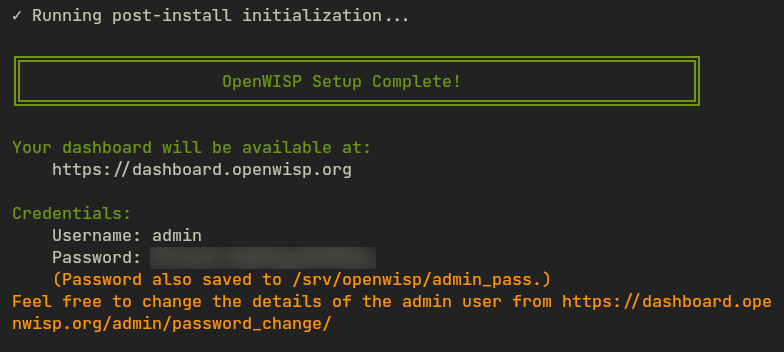 OpenWISP Pro setup complete message and login credentials